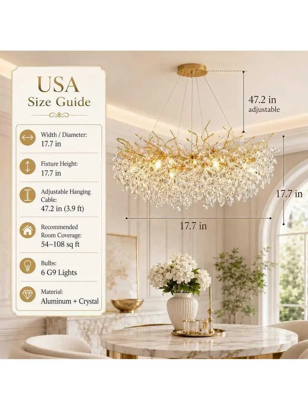 Luxora Modern Crystal Chandelier Pendant Light with Gold Branch Design